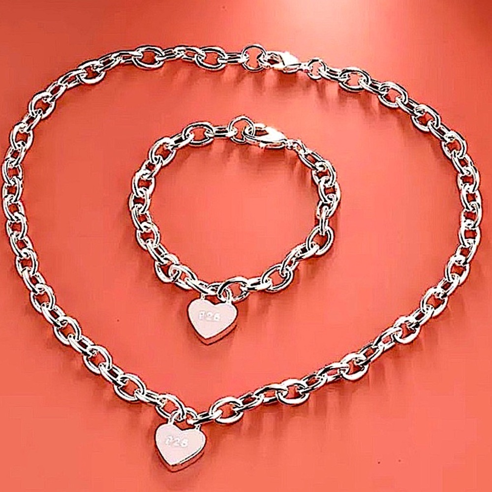 Sterling Silver Heart Lock Necklace Bracelet Chain Link Matching Set